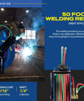 Retractable Welding Hose Reel With Twin Oxygen And Acetylene Rubber Hoses Heavy Duty Steel Arm Three Hundred PSI Rating Quarter Inch By Fifty Foot Industrial Standard Duty in use in a workshop.
