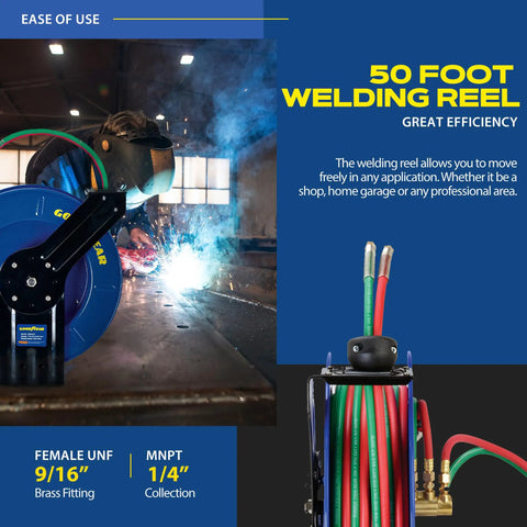 Retractable Welding Hose Reel With Twin Oxygen And Acetylene Rubber Hoses Heavy Duty Steel Arm Three Hundred PSI Rating Quarter Inch By Fifty Foot Industrial Standard Duty in use in a workshop.