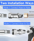 Pressure Washer Swivel Fitting Three Eighth Inch NPT 360 Degree Joint Kink Resistant Reduces Hose Stress For Smooth Water Flow And Easy Maneuvering For Smooth Operation And Long Lasting Durability, stainless steel swivel fitting shown for hose-to-hose and hose-to-gun use