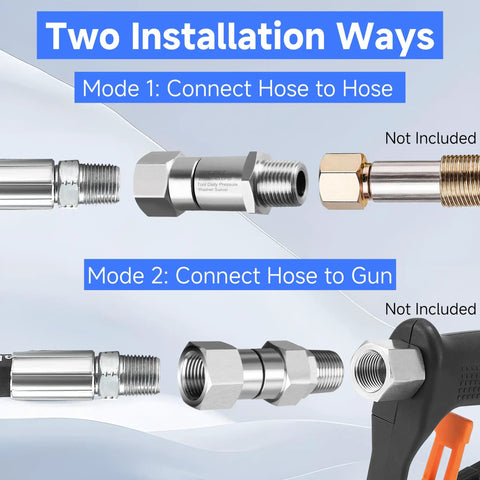 Pressure Washer Swivel Fitting Three Eighth Inch NPT 360 Degree Joint Kink Resistant Reduces Hose Stress For Smooth Water Flow And Easy Maneuvering For Smooth Operation And Long Lasting Durability, stainless steel swivel fitting shown for hose-to-hose and hose-to-gun use
