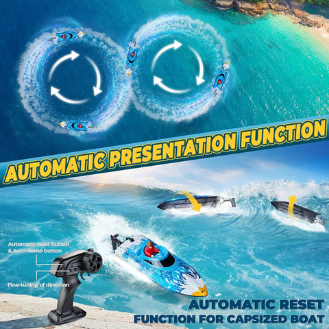 RC boat performing stunts on water with automatic reset feature, accompanied by remote controller. High Speed RC Boat For Pools And Lakes With LED Lights 25 KPH Remote Racing Speed Boat 2 4GHz Wireless Controller Waterproof Electric Boat For Ages 8 12 Kid Friendly Summer Water Toy Blue shown in motion.
