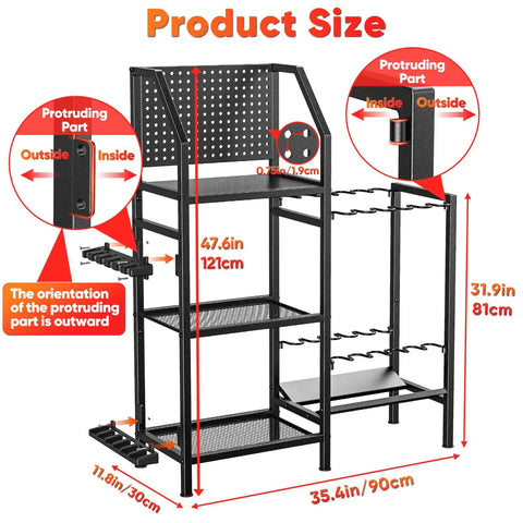 Heavy Duty Garage Fishing Rod Rack Three Tier Adjustable Metal Holder For Up To 18 Rods Pegboard Mountable Storage dimensions