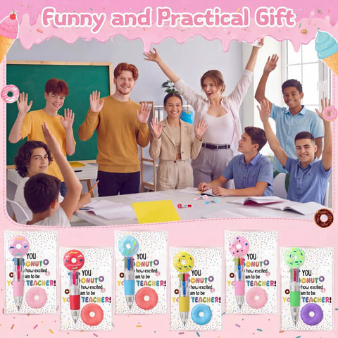 Group of students and teacher with Must Have 36 Donut Shaped Gel Pens Set For Back To School Gifts, showing cards and pens