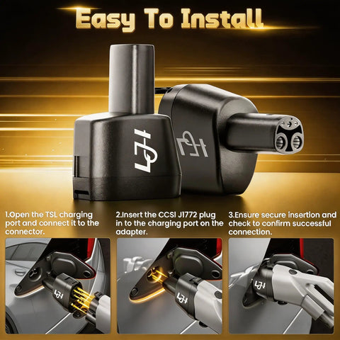 Heavy Duty Ccs And J1772 To Tesla Adapter For Level 1 2 3 Charging Stations showing installation steps and connector details.