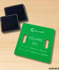 Square Patch Jig For XTool F1 Engraving Holds 2.5 And 3 Inch Leather Patches And Slides Into Base Plate Without Tools For Hassle Free Precise Alignment Every Time, shown with leather patches on wooden surface.