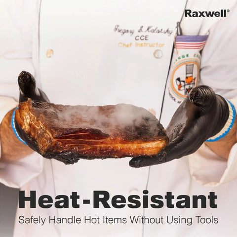 Chef holding meat using Dual Layer Heat Defense BBQ Gloves For Grilling And Cooking Non Slip Nitrile Grip Ambidextrous Oven Mitts