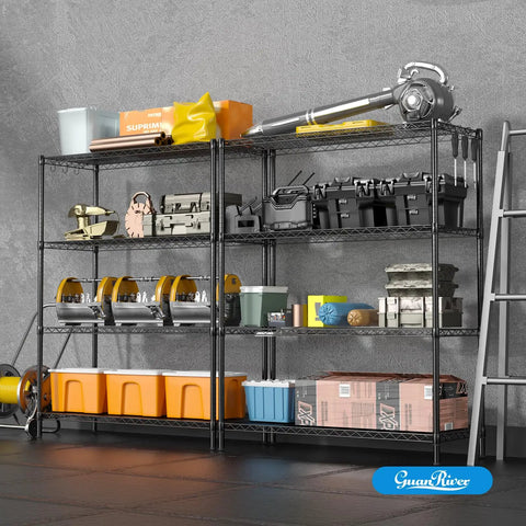 Heavy Duty Wire Shelving Unit With Four Adjustable Shelves Built Like A Tank For Garage Storage Black Coated Metal Rack Straight Setup And Seriously Solid Construction