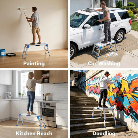 Heavy Duty Aluminum Work Platform Supports Up To 600 Lbs With One Touch Automatic Fold Stable On Steps With Reinforced Non Slip Top And Wide Legs Quick Two Step Fold No Tools Required For Diy And Pros for painting, car wash, kitchen reach, and stairs