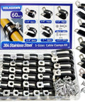 Holadawn 60-piece stainless steel cable clamps kit with rubber cushions; 5 sizes 1/4, 3/8, 1/2, 3/4, 1in and screws