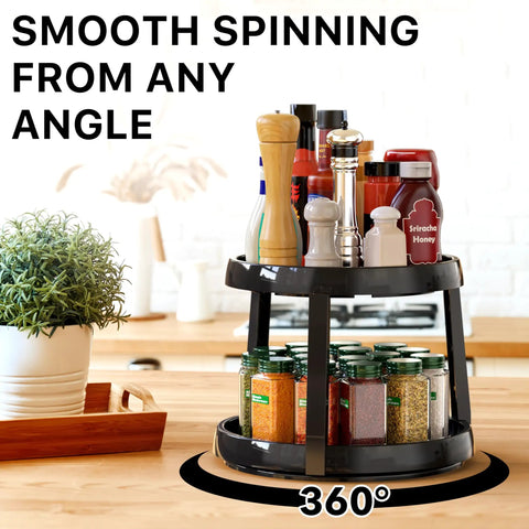Two Tier Lazy Susan Spice Organizer For Cabinets And Pantries, Ten Inch Diameter Rustic Brown Turntable Rack With Condiments