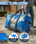 Person carrying Extra Large Moving Bags 4 Pack Heavy Duty Storage Totes With See Through Window And Wraparound Handles