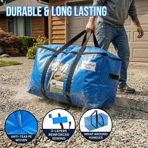 Person carrying Extra Large Moving Bags 4 Pack Heavy Duty Storage Totes With See Through Window And Wraparound Handles