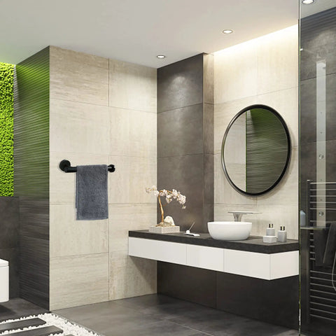 Modern bathroom with Matte Black Hand Towel Holder For Bathroom Wall Mounted 9 Inch Round Heavy Duty Towel Rack Made From SUS304 Stainless Steel Rust Proof With Four Protective Layers Kitchen And Bathroom Accessory