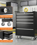 Rolling 5-Drawer Tool Chest With Locking System On Wheels in garage, features safety locking, swivel casters, and smooth sliders.