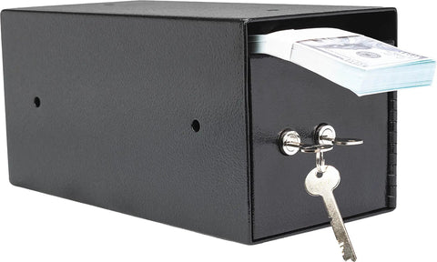 Double Key Lock Depository Safe With Drop Slot For Cash And Valuables, Steel Construction, Anti Fishing Baffle, Black Finish