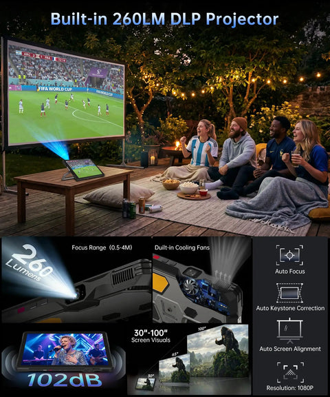 Heavy Duty 10.95 Inch Waterproof Rugged Tablet With A Built In 260 Lumen DLP Projector And Native 1080P Full HD Display showing outdoor movie