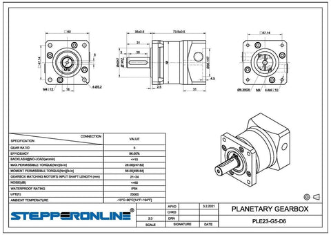 Technical drawing of Planetary Gearbox For Nema 23 Stepper Motor 5 To 1 Gear Ratio With 15 Arc Min Backlash 6.35mm Shaft 57mm Flange
