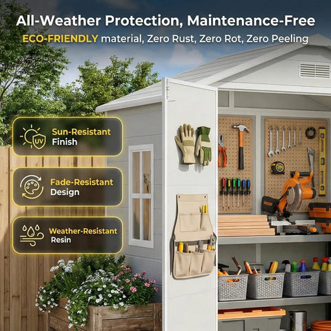 Exterior view of 6x4.4 Ft Resin Outdoor Storage Shed with floor, showing tools inside, lockable doors and windows for backyard use.