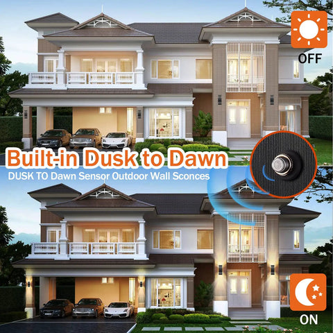 No Fuss Auto On Outdoor Wall Lights 2 Pack Up And Down Porch Lights showing dusk-to-dawn operation on a modern house facade.