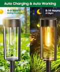 Solar Pathway Lights Outdoor 6 Pack Upgraded Super Bright LED With Auto On Off IP65 Waterproof Landscape Walkway Driveway Patio Yard Lighting Long Lasting Up To 12 Hours Weatherproof Garden Lighting showing daytime charging and nighttime illumination.