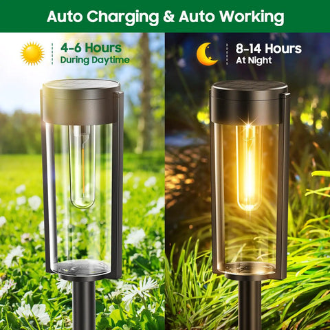 Solar Pathway Lights Outdoor 6 Pack Upgraded Super Bright LED With Auto On Off IP65 Waterproof Landscape Walkway Driveway Patio Yard Lighting Long Lasting Up To 12 Hours Weatherproof Garden Lighting showing daytime charging and nighttime illumination.