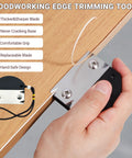 Pro Grade Edge Banding Trimmer For Woodworking 2026 in use on wood edge, highlighting hanging strap and thick blade design.