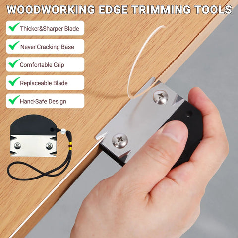 Pro Grade Edge Banding Trimmer For Woodworking 2026 in use on wood edge, highlighting hanging strap and thick blade design.