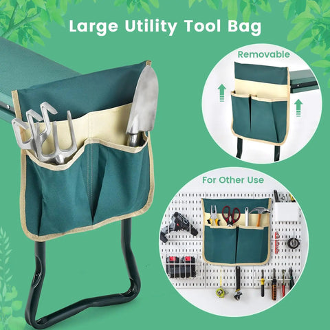 Garden Kneeler Bench With Tools Pouch showing removable tool bag holding garden tools and used for other storage.