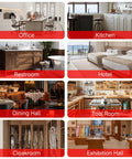 Collage of various interior spaces including office, kitchen, restroom, hotel room, dining hall, tool room, cloakroom, and exhibition hall.