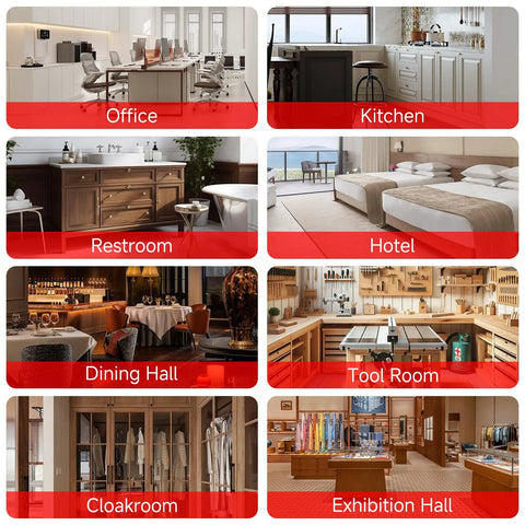 Collage of various interior spaces including office, kitchen, restroom, hotel room, dining hall, tool room, cloakroom, and exhibition hall.