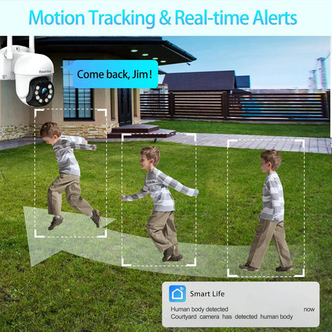 Get Awesome Protection With This 4MP Wifi Outdoor PTZ Security Camera Featuring 360 Degree Pan Tilt Super Clear Quad HD Video 8X Zoom Adjustable Siren And Spotlights Smart Motion Detection And Custom Zones showcasing motion tracking in a yard with a child.