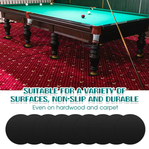 50 Pieces Billiard Pool Table Leg Shims Set 3 Inch Diameter Rubber Levelers shown on table under carpet surface