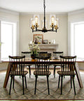 Dining room with Modern Farmhouse 5 Light Chandelier For Dining Room And Kitchen Island Dope Industrial Black Pendant Lighting With Glass Shades Adjustable Height Hanging Ceiling Light Fixture For Living Room above table.
