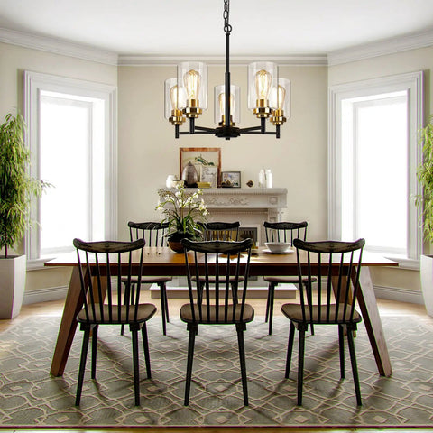 Dining room with Modern Farmhouse 5 Light Chandelier For Dining Room And Kitchen Island Dope Industrial Black Pendant Lighting With Glass Shades Adjustable Height Hanging Ceiling Light Fixture For Living Room above table.