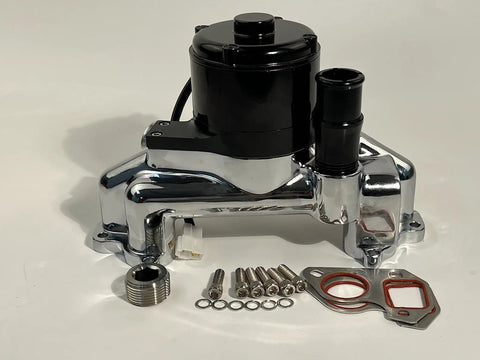 Badass High Flow Aluminum Electric Water Pump For Ls1 Ls2 Ls3 Ls6 Engines Featuring Chrome Polished Finish And Direct Bolt On Track Ready 35 Gpm Upgrade For Street Cars with fittings and hardware visible.