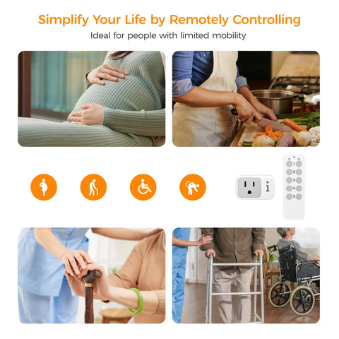 Wireless Remote Control Outlet Kit With 2 Remotes And 5 Outlets, Easy Plug And Play, A No Brainer For Controlling Hard To Reach Appliances From Sofa Or Bed, Ideal For Seniors And Pregnant Women, 100 Ft Range, shown with remote outlet and mobility icons