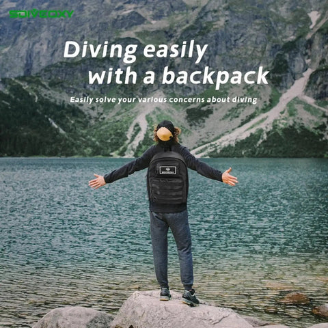 Man showcasing Tankless Underwater Breathing System With Rechargeable Waterproof Air Compressor And Regulator in backpack at lake