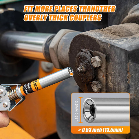 THINKWORK grease gun coupler installed on a grease fitting; silver metal nozzle, 1/8 in NPT