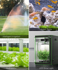 Collage of intelligent irrigation system, aquarium water pump, hydroponic setup, and LED grow light