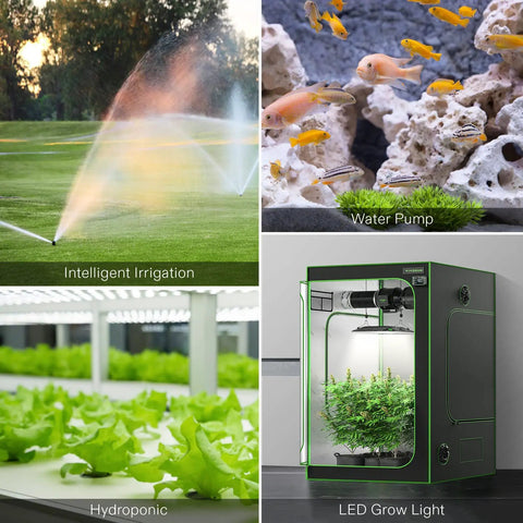 Collage of intelligent irrigation system, aquarium water pump, hydroponic setup, and LED grow light