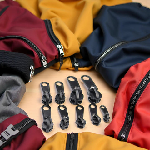 6 Pack Black Zipper Sliders Pullers Repair Kit For Coats Jackets And Luggage Instant Fix Zipper Set Replacement Fasteners Easy To Use Repair Tool For Broken Zips displayed with colorful jackets.