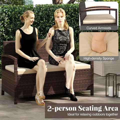 Outdoor Storage Bench With Cushioned Seat And Backrest 42 Gallon Rattan Deck Box With Acacia Wood Armrests And Sturdy Metal Frame