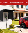 Badass Weatherproof EV Charger Cover For Tesla Wall Unit That Kicks Butt In Storms And Blocks Heat mounted on wall with charging cable.