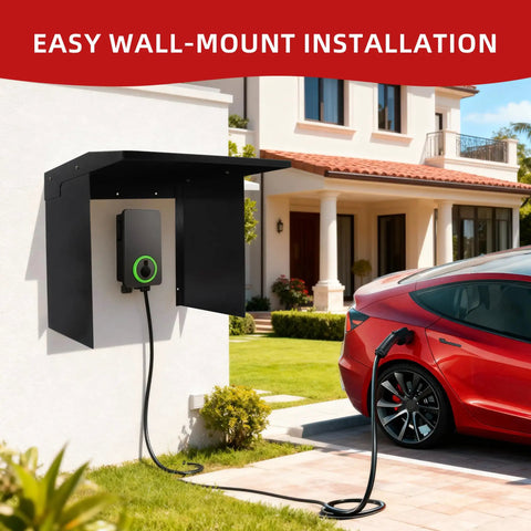 Badass Weatherproof EV Charger Cover For Tesla Wall Unit That Kicks Butt In Storms And Blocks Heat mounted on wall with charging cable.