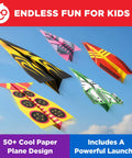 DIY Paper Airplane Craft Kit With Launcher, 50 Planes In 5 Designs, STEM Fun For Kids Ages 6 Plus, colorful planes in sky