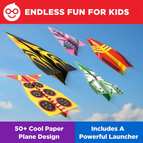 DIY Paper Airplane Craft Kit With Launcher, 50 Planes In 5 Designs, STEM Fun For Kids Ages 6 Plus, colorful planes in sky