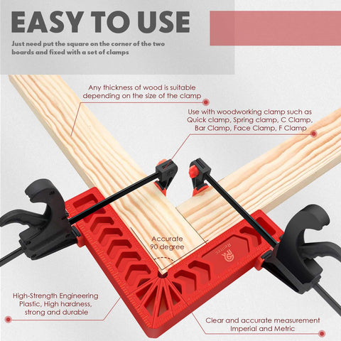 Set Of 8 90 Degree Corner Clamps For Woodworking, 3-Inch And 4-Inch ABS Corner Squares in use with wooden boards