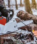 View of 3 pack chainsaw file set with 5/32 inch, 7/32 inch, and 3/16 inch round sharpening files used on a chainsaw outdoors.