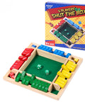 Shut The Box Dice Game Wooden Board Game For 2 To 4 Players, 4 Sided Family Math Challenge with colorful numbered pieces and dice