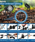 All In One Low Voltage Landscape Lighting Kit With Six 6W LED Spot Lights 100W Transformer 50 Feet Cable 12 Connectors Waterproof Outdoor Lights For Garden Pathways And Trees 2700K 12 To 24V 6 Pack installation steps and close-up of connectors